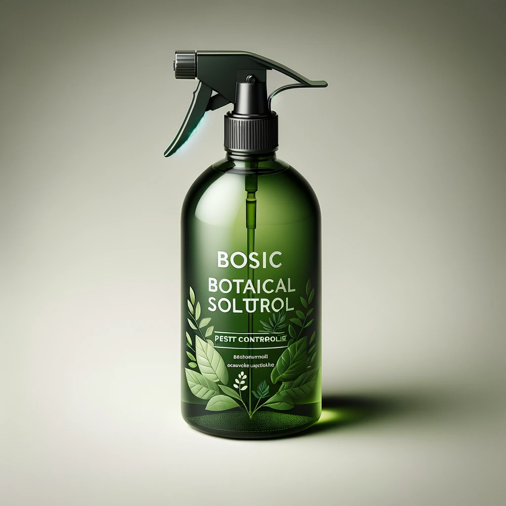 Design an image of a spray bottle filled with a natural, green liquid, symbolizing eco-friendly botanical treatments for pest control. The bottle should appear modern and eco-conscious, with clear labeling that indicates its contents are derived from natural, plant-based ingredients. This visual should convey the idea of safe, effective, and environmentally friendly pest management solutions, emphasizing the shift towards more sustainable practices in combating pests. The background can be a simple, neutral color to keep the focus on the spray bottle and its green contents.