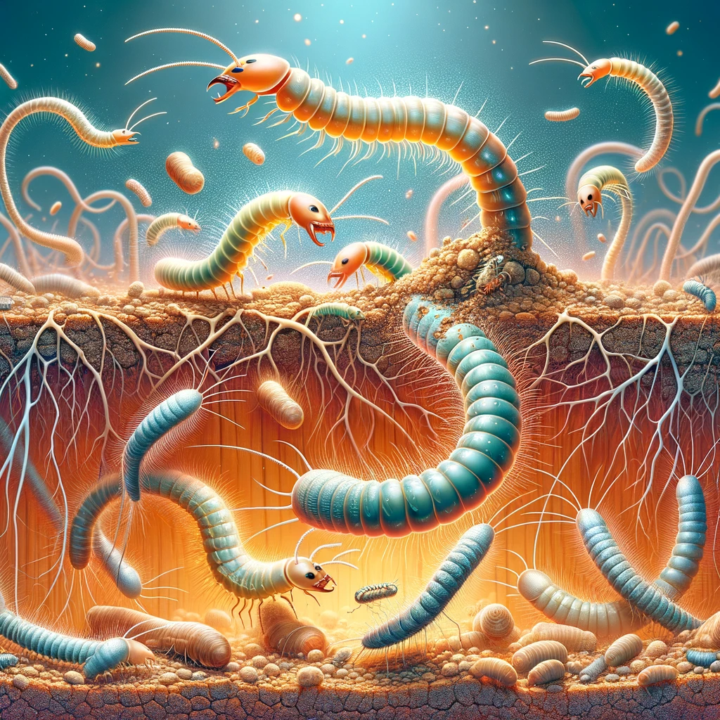 Design a visually engaging depiction of nematodes attacking termites, illustrating the concept of biological control. The scene should vividly portray the microscopic world where beneficial nematodes, represented in a way that emphasizes their role as natural predators, are in the act of seeking out and attacking termites. Highlight the dynamic interaction between these organisms, showing the nematodes as they infiltrate termite colonies, to convey the effectiveness of this eco-friendly pest control method. This illustration should educate viewers on the natural process of biological control, showcasing an innovative and sustainable approach to managing termite populations.