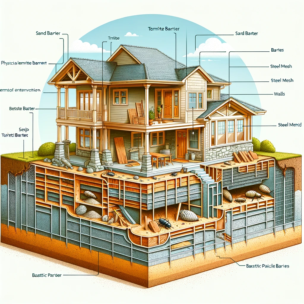 Create a detailed cross-section illustration of a home, highlighting various physical termite barriers implemented to protect against termite infestation. The illustration should depict the foundation of the house, walls, and flooring, with clear indications of different termite barrier methods such as sand barriers, steel mesh, and basaltic particle barriers. These barriers should be visibly integrated into the construction, demonstrating how they prevent termites from accessing the wood structures of the home. Label each barrier type to educate viewers on the multiple layers of protection available for eco-friendly termite prevention.